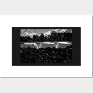 Dramatic clouds in the sky over the dark Swedish forest and the  white rolls with straw, Posters and Art